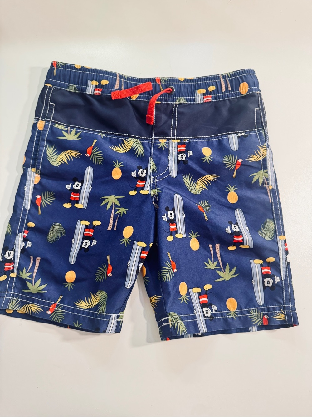 Disney Navy Swim Trunks with Red Drawstring and Yellow Accents